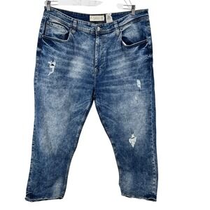 Akademiks Jeanius Jeans Acid Wash Mens 44x32 Blue‎ Distressed Straight Leg Denim